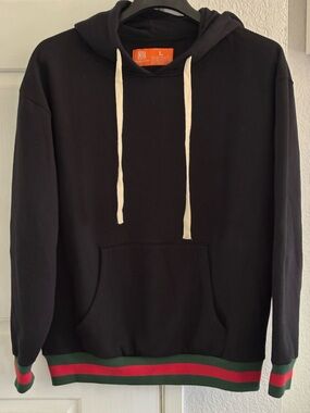 Mens Black Hoodie with Green & Red Stripe Hem size Large New